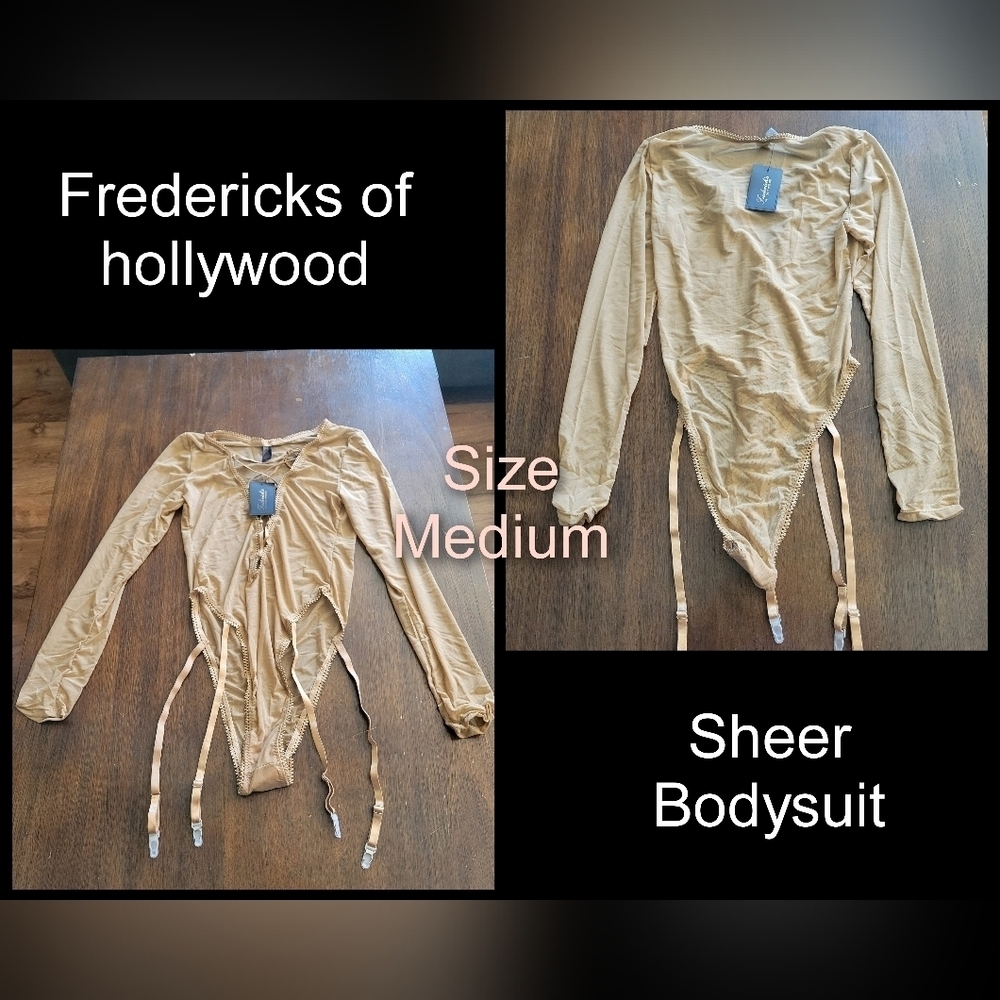 Frederick’s of Hollywood Lola Lee Sheer Nude Bodysuit Garter Clips M NWT